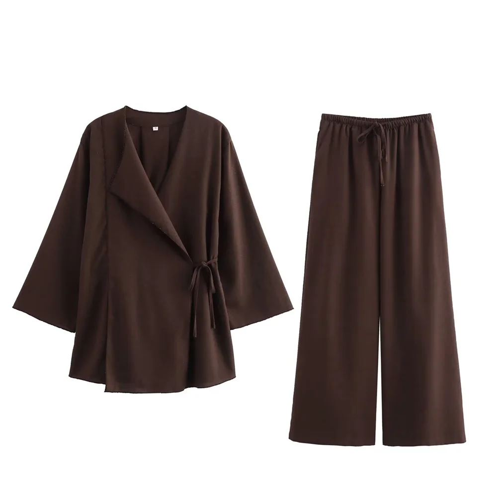 2024 ZAR4 Summer New Women\'s Linen Blended Kimono Cross Coat Retro Brown Floating Wide Leg Pants Set