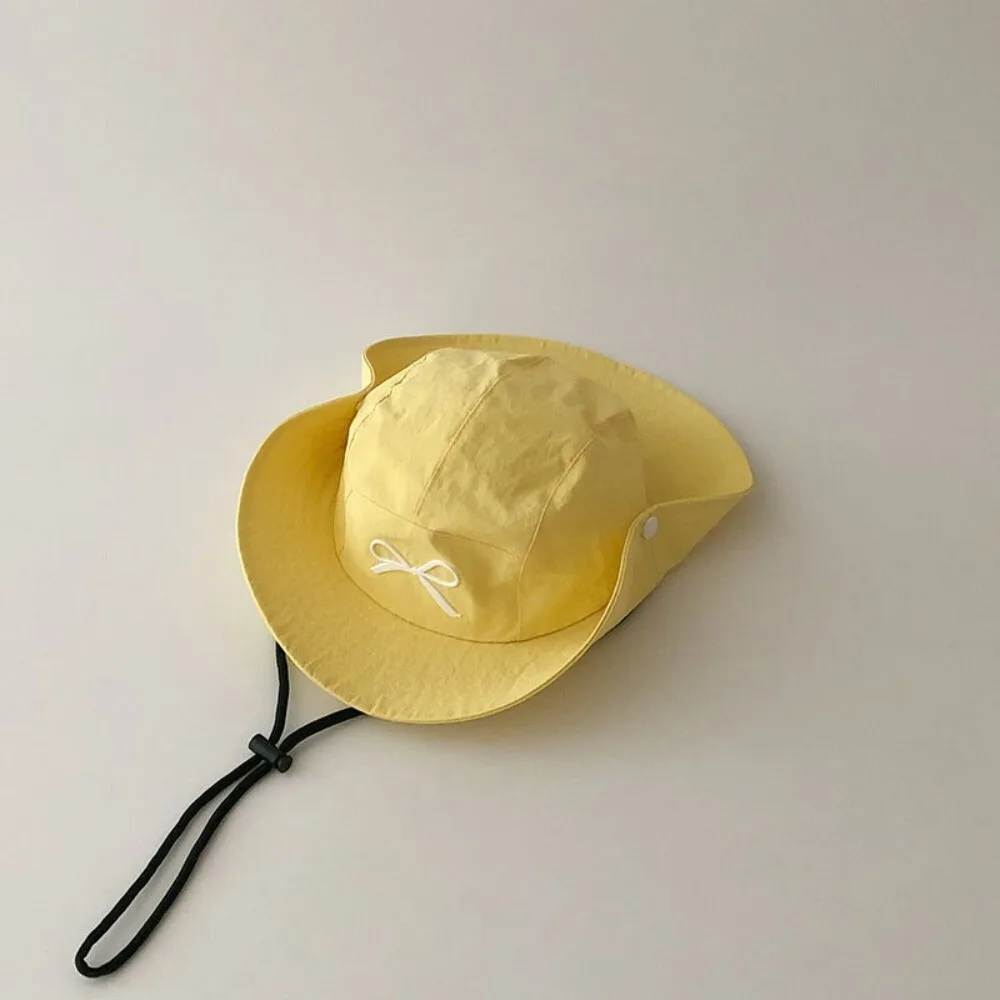 Bow Embroidery Children's Fisherman Hat Anti-UV with Windbreak Rope Beach Hat Candy Color Quick-drying Bucket Cap for Girls Boys