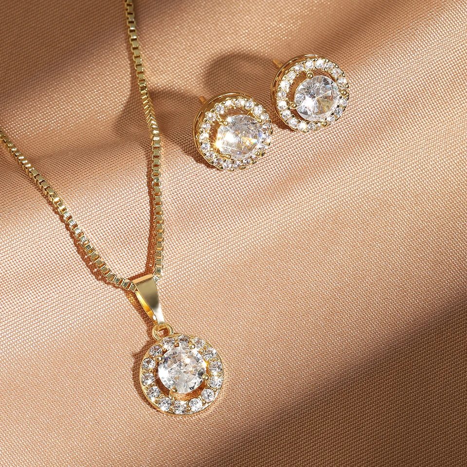 RAKOL Exquisite Oval Dangle Pendant Sets For Women Fashion Paper Clip Cubic Zirconia Earrings Necklace Jewelry Girls Party Gifts