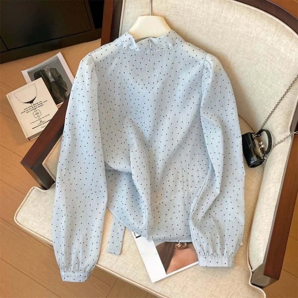 

Милые шифоновые блузки для женщин, тонкие кружевные рубашки с длинными рукавами и завязками, нижняя рубашка, женская верхняя одежда, мешковатые рубашки в горошек для офиса