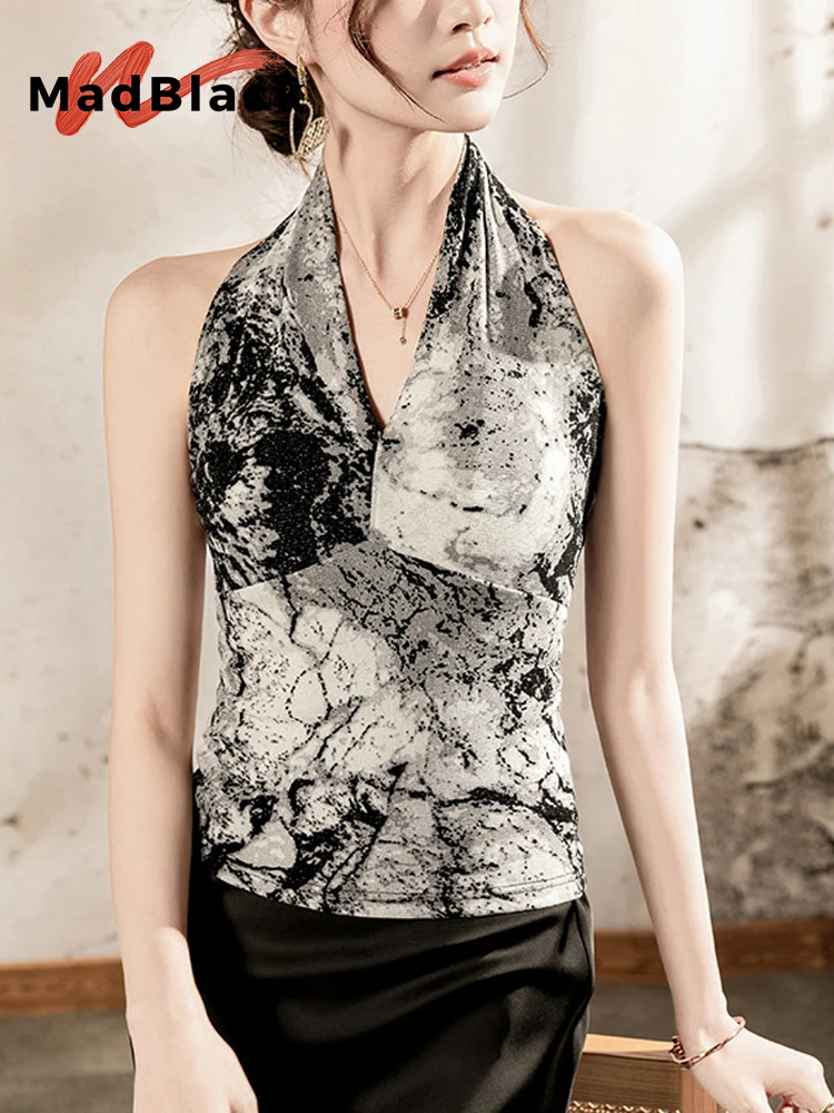 

MadBlack-Women's European Sling, Sexy Halter Halo Printing Backless, Streetwear Slim Elastic Hot Camisole, 2025 Summer T54326CC