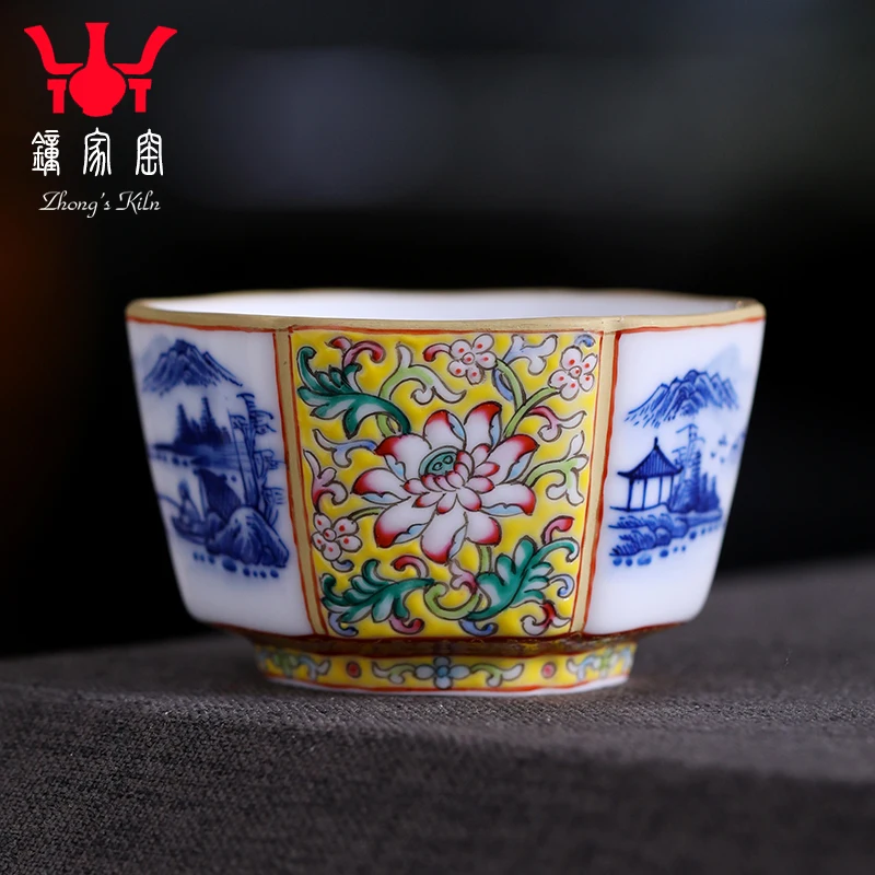 Zhongjia Kiln Kung Fu Tea Cup Hand-painted Blue And White Landscape Enamel Colorful Entangled Branch Lotus Pattern Liufangshan