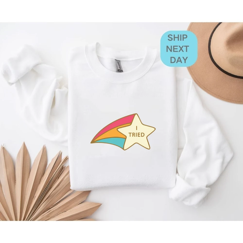 เสื้อสเวตเตอร์ Star Effort I TRIED Star Rainbow Graphic ลําลองหลวมแขนยาวฤดูใบไม้ร่วงส่งเสริมสไตล์น่ารักสบาย Top