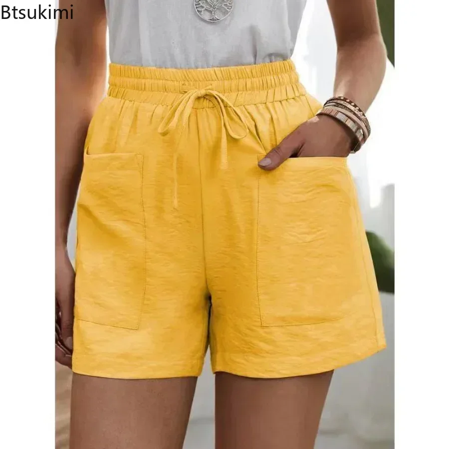 2025Women's Summer Casual Cotton Linen Shorts Pockets High Waist Elastic Loose Sports Shorts Woman Oversized Shorts Pants Female