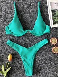 Sexy Neon-Bikini mit V-Steg und Bügel, 2025, weiblich, gerippter Badeanzug, Damen-Tanga-Bademode, zweiteiliges Bikini-Set, Push-up-Badeanzug