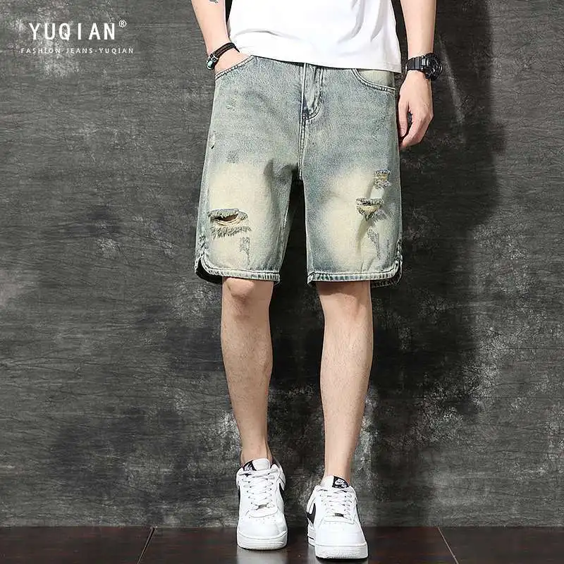 Light Denim Shorts 2025 Ripped Denim Men's Jeans Shorts Loose Design Casual Pants Summer Brand Ins High Street Medium Pants