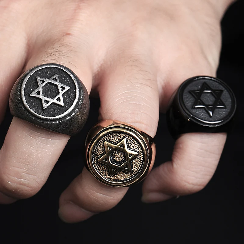 Jewish Star of David Male Ring Punk Rock Stainless Steel Hexagon Rings for Men Retro Jewelry Size 7-13