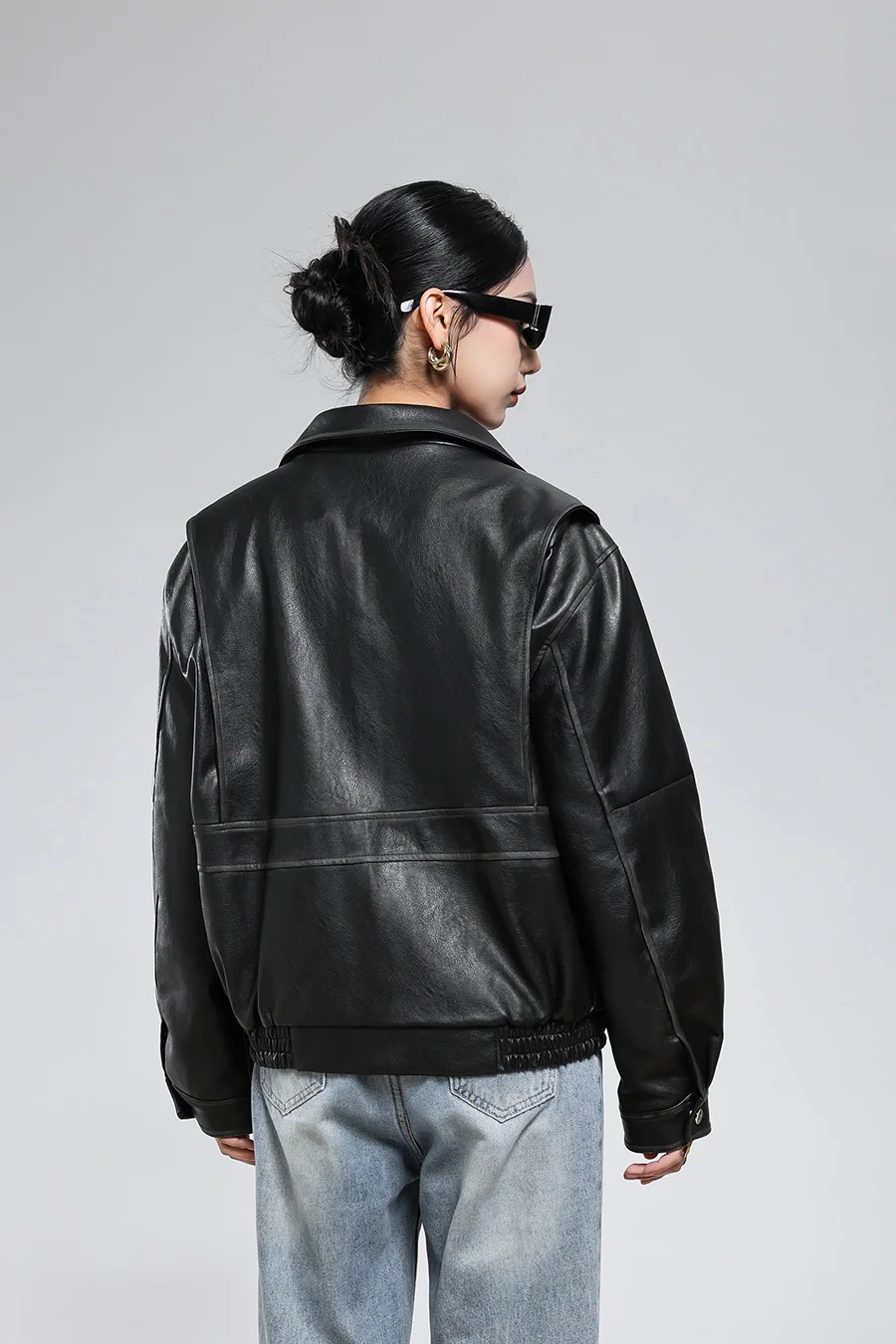 Lautaro 春秋クールショートヴィンテージユーズド加工ブラウン Pu レザージャケット女性ターンダウン襟黒アメリカンレトロ服