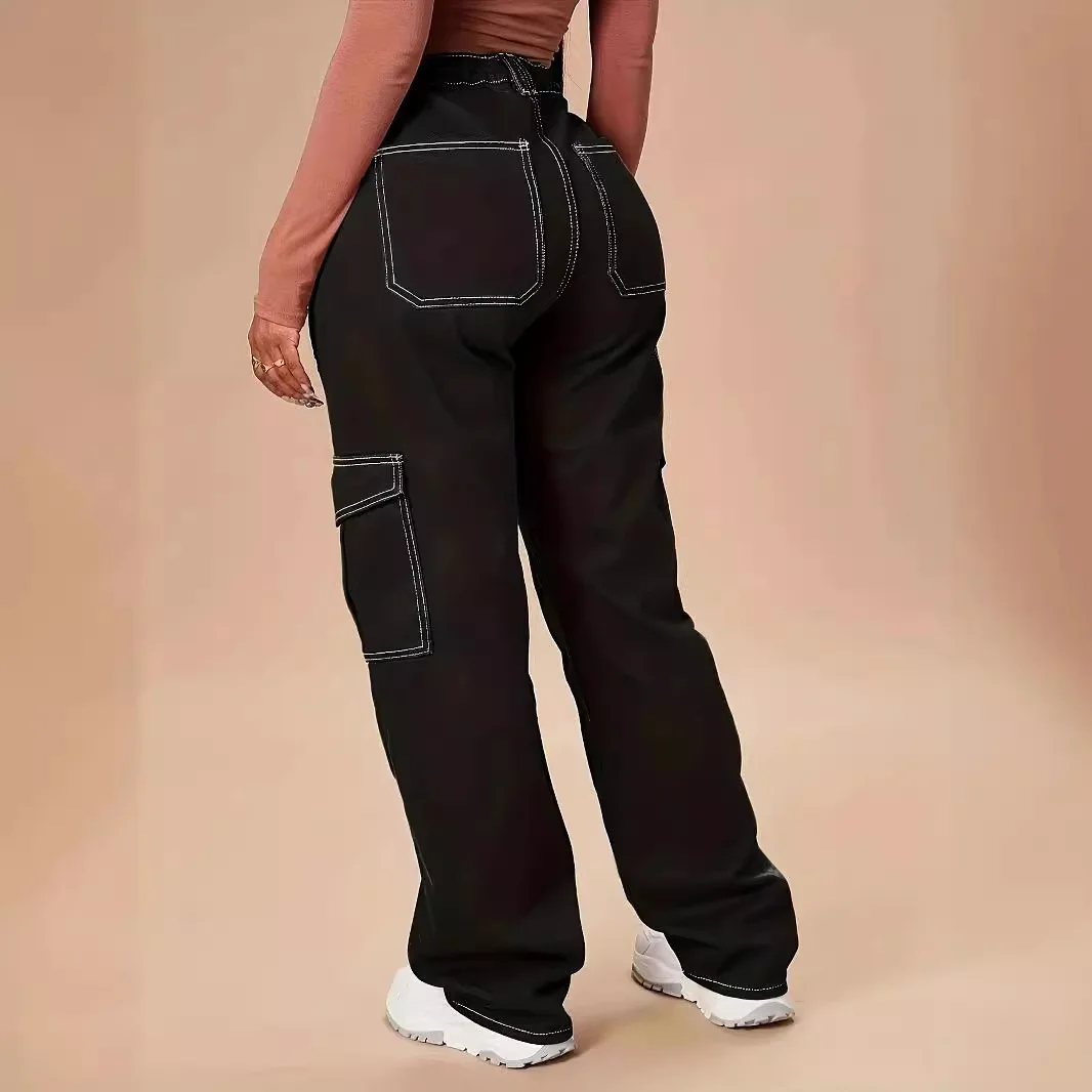 กางเกงยีนส์ผู้หญิง ฤดูใบไม้ผลิ ฤดูใบไม้ร่วง 2025 รุ่นใหม่ ทันสมัย สไตล์สตรีท ดีไซน์กระเป๋าหลายช่อง เอวสูง ทรงตรง สบายๆ