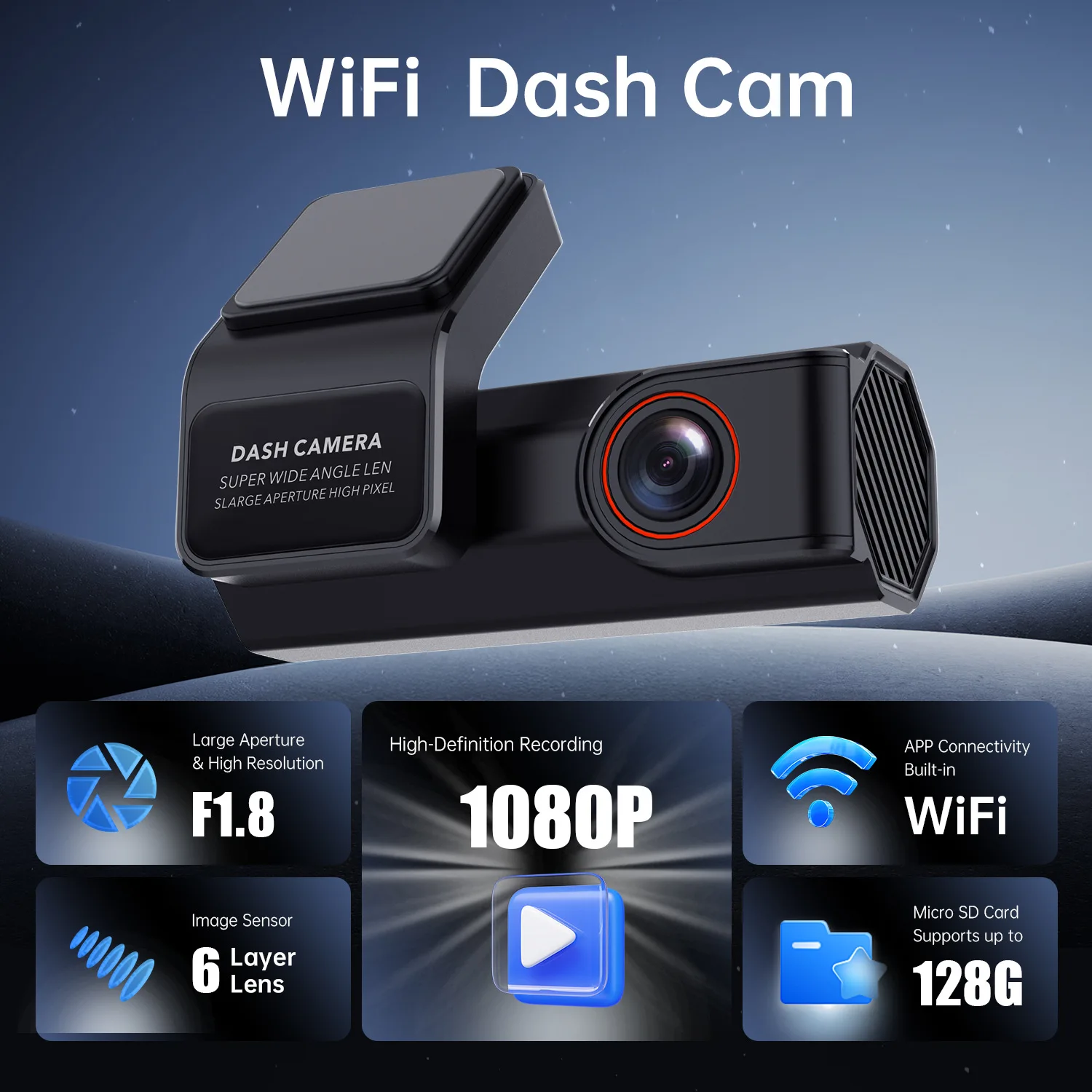 Auto-Dashcam mit WLAN-Konnektivität, Nahtloser Schleifenaufnahme, Intuitiver App-Steuerung, Einsatzbereiter Speicherkarte Inklusive, Fahrtenschreiber
