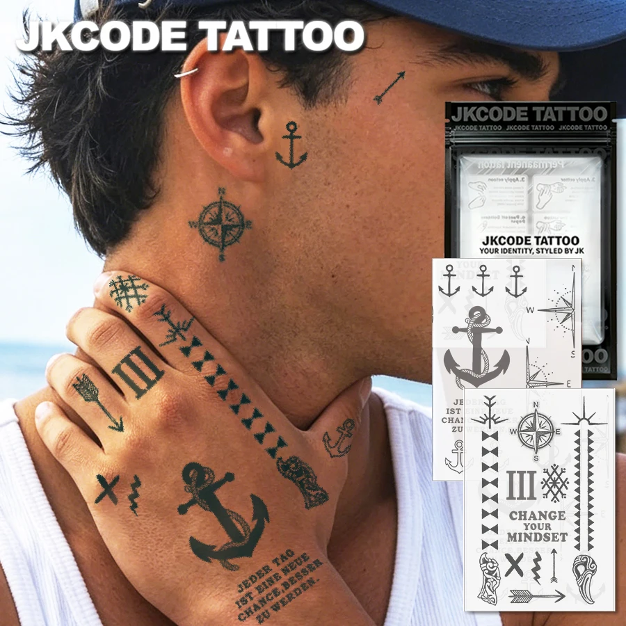 2-Piece Viking Semi-Permanent Tattoo Set |   Vintage Classic Style Nautical Compass Totem, Neck Tattoo |   Men's Waterproof Tattoos, Real and Fake Tattoos, Hand Tattoos, Magic Tattoos, Lasting 1-2 Weeks, Perfect Gift, Tattoo Supplies.