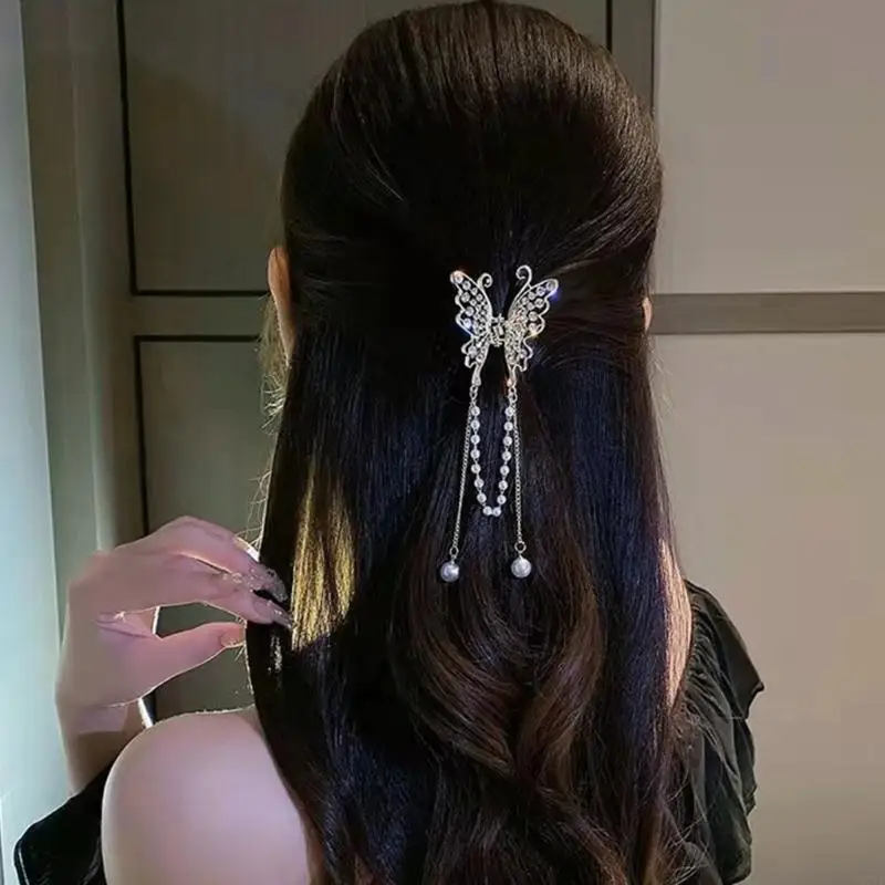 

N7YE Butterfly Pearl-Tassel Hair Clip Hair Claw Women Hair Accessories Jaw Clip