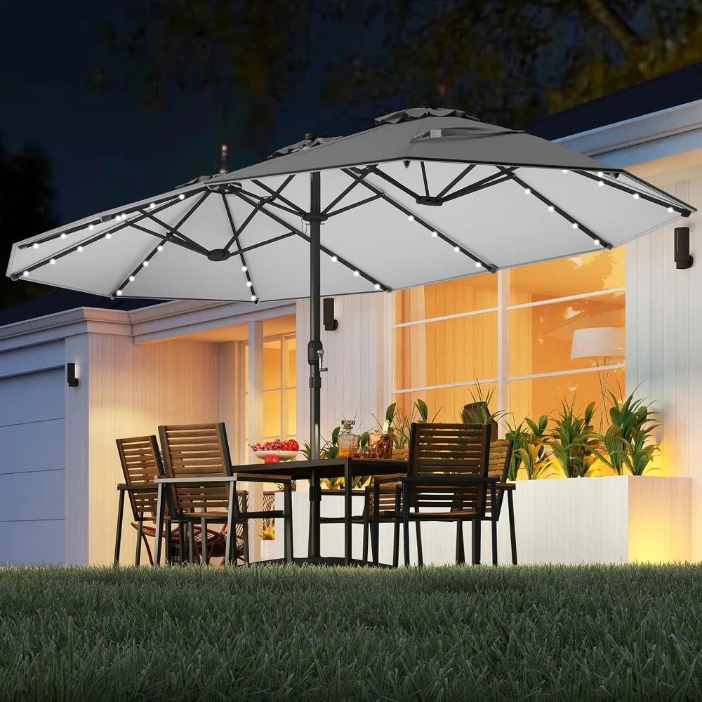 

15FT Double-Sided Solar Patio Umbrella, Extra-Large Outdoor Twin Umbrella with 48 LED Lights, Vented Top, Crank, Customized
