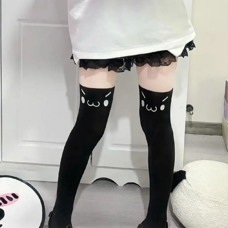 Summer Kawaii Cat Face Print Thigh High Socks Japanese Cute Over The Knee Socks Lolita JK White Long Stockings Anime Cosplay