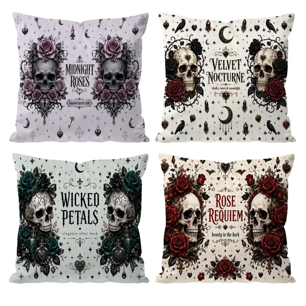 Gothic Skull Rose Aesthetic Cushion Cover Double-Sided Plush Sofa Cushion Covers Organic Breathable Invisible Zipper