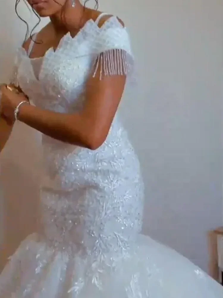 Customized Beautiful Square Neck Appliques Beads Wedding Dress Chapel Train Plus Size Cap Sleeves Tassels Church Bridal Gown