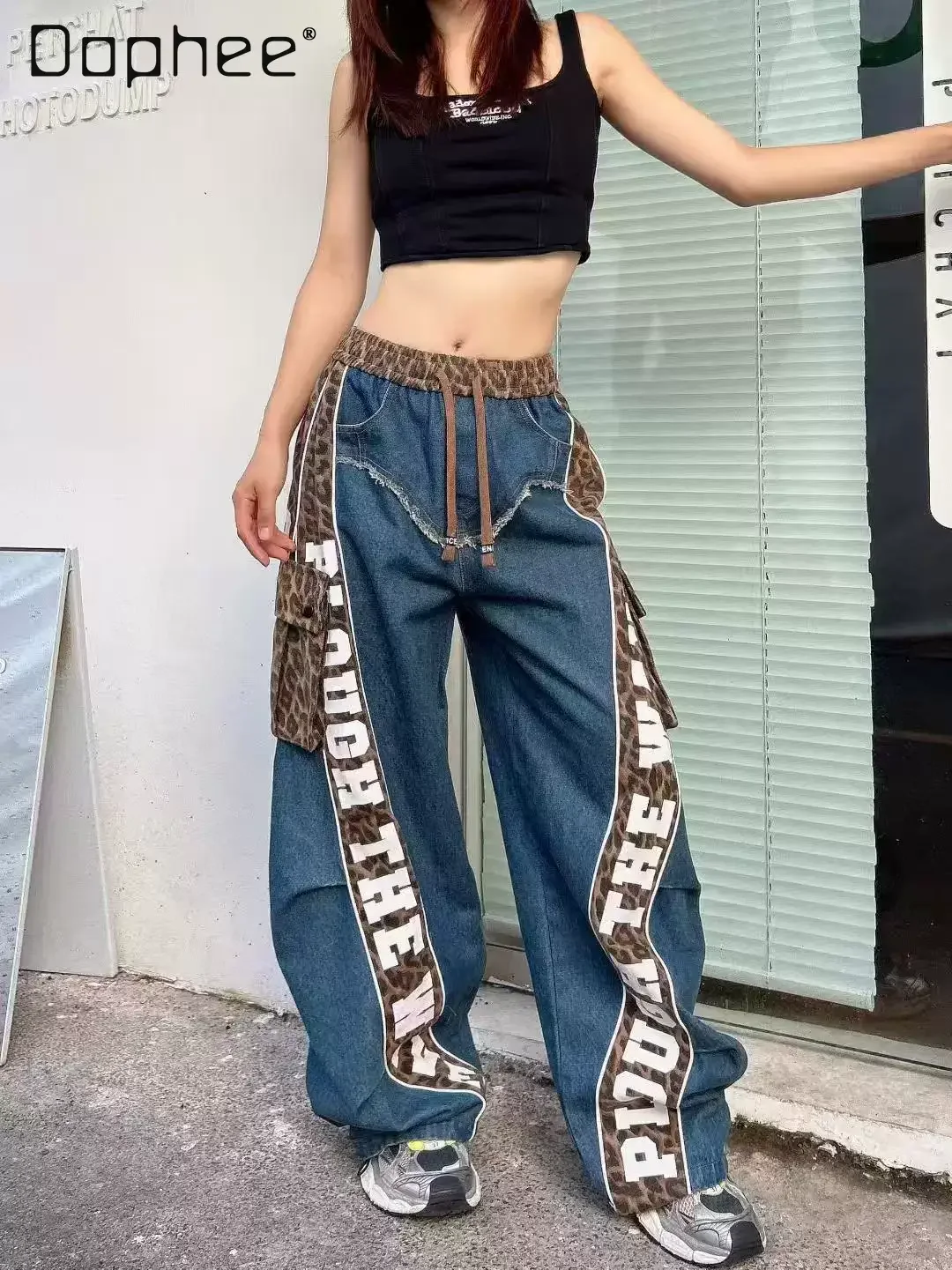 

Jeans Women's 2026 Spring and Summer New Heavy Industry Red and Black Letter Printing Webbing Big Pocket Drawstring Trousers