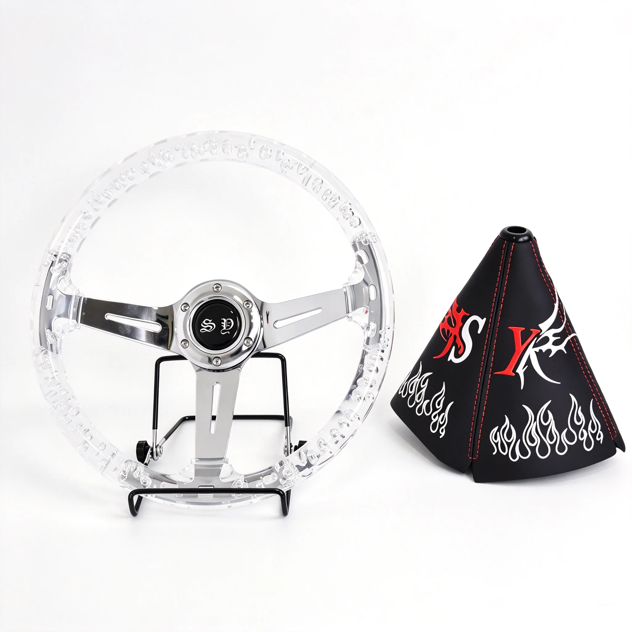 SY Motors Modifies A 14 Inch Acrylic Steering Wheel With A Set Of Red Embroidered Flame Dust Covers For The Interior