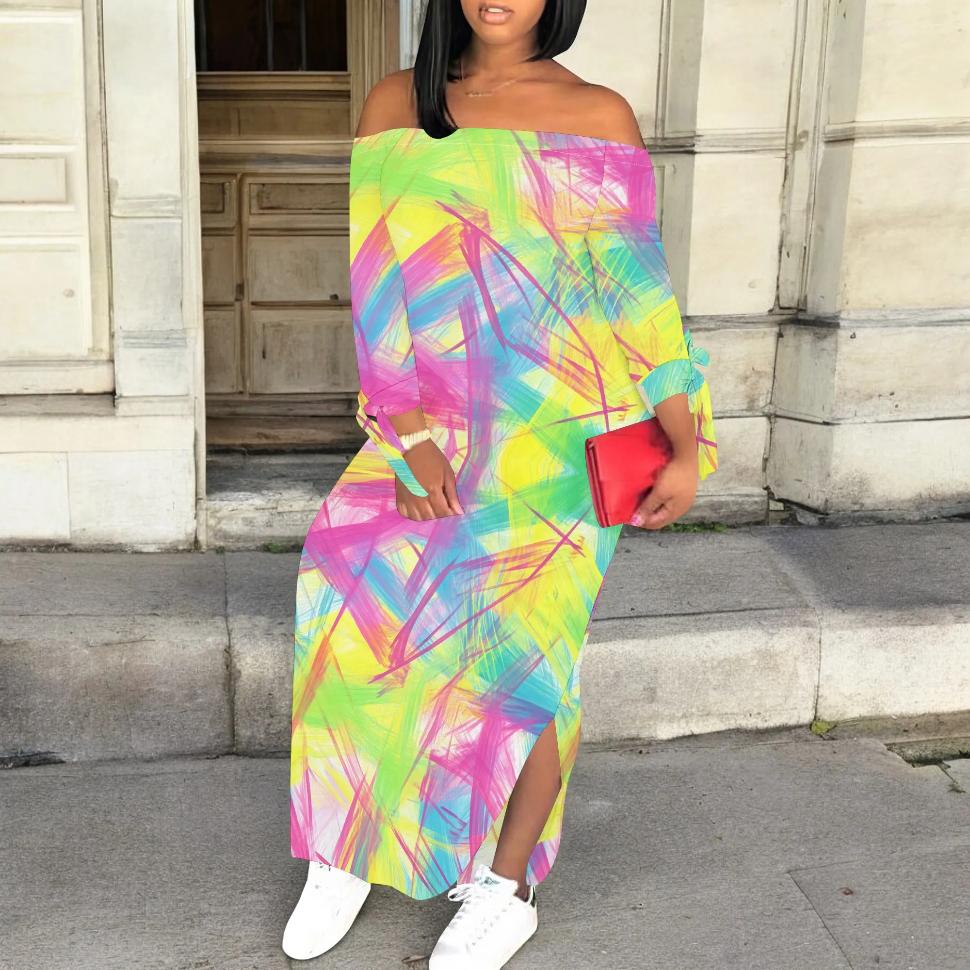 

Women's Abstract Print Maxi Dress Boho Off Shoulder Long Sleeve Loose Dress with Slit for Vacation Beach Wear S-3XL