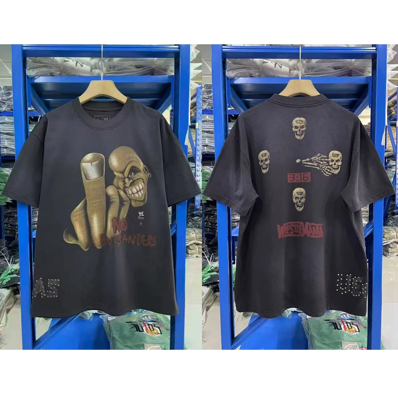 Portrait Skull Pattern Letter Print Cactus Jack T Shirts Tops Men Women Loose Heavy Fabric Casual Short-sleeved Rap Top Tee