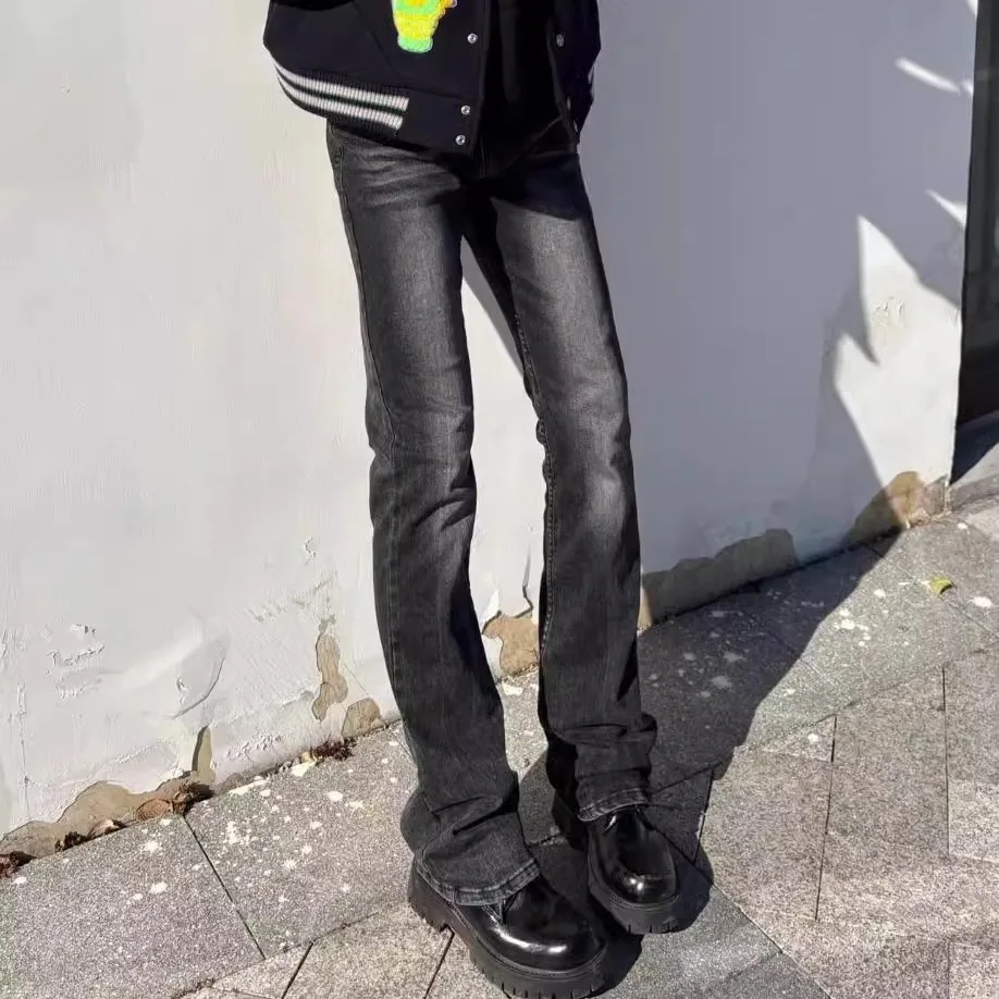 American Vibe Retro  Mustache Black Grey Men's Straight Leg Jeans Clean Fit Slim Long Pants Casual Versatile mid Waist Washed