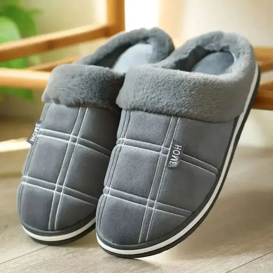 

Men Home Slippers Plaid Memory Foam Winter Plush Male Indoor Shoes Warm Soft Non-Slip Slippers Black Large size 50-51 Fashion