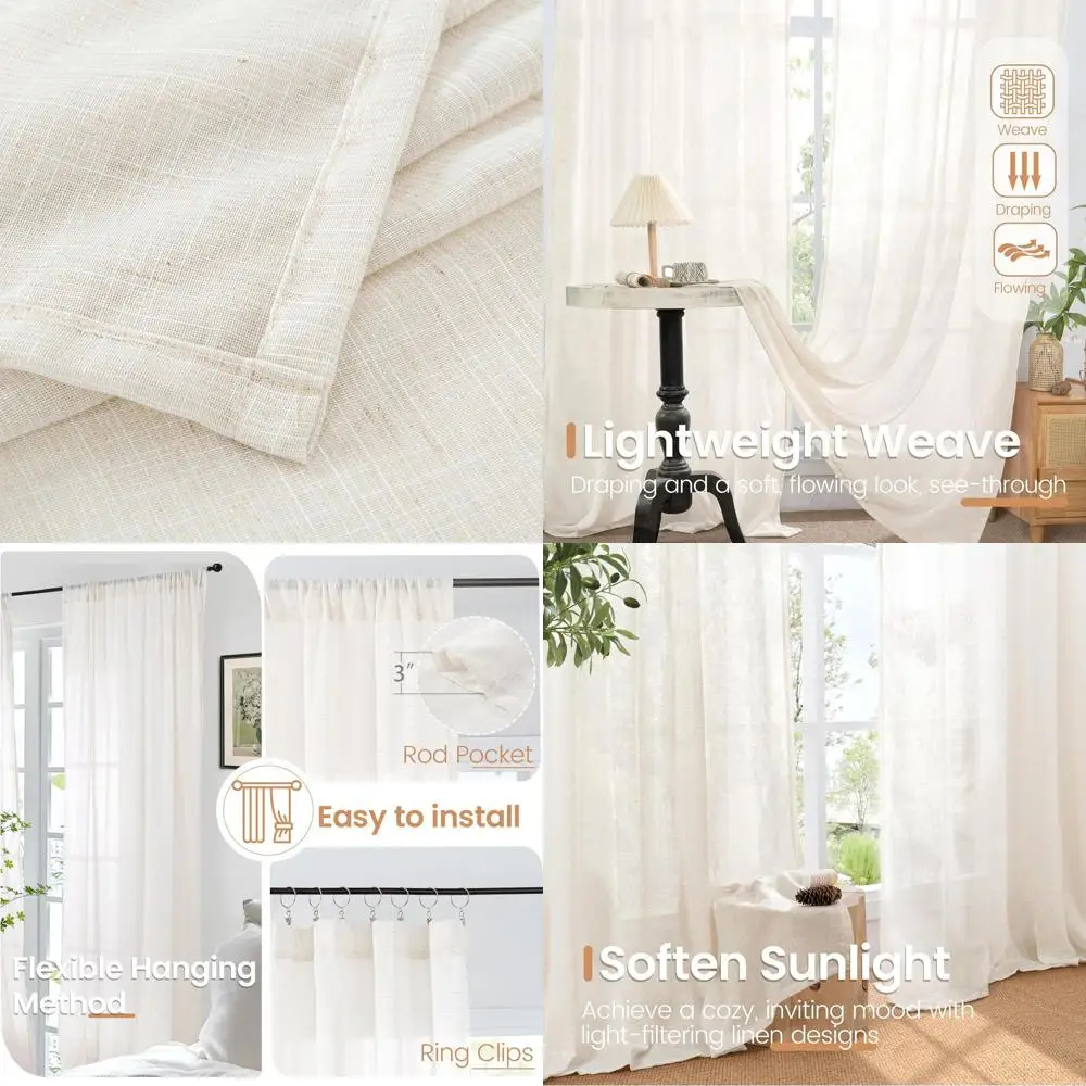 

108 Linen Curtains for Living Room, Rustic Farmhouse Style Drapes, Lightweight, 2-Panel Set, 52 Wide Each