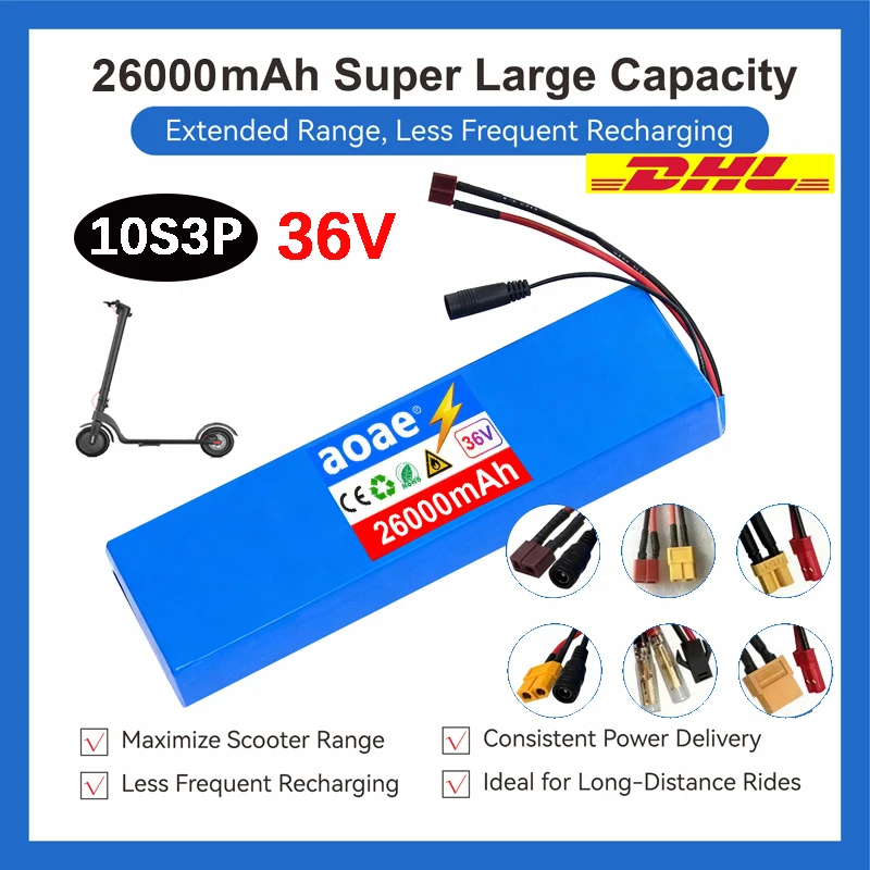 36V 26000mAh 10S3P Grade A 18650 Lithium Battery Pack, Brand New Rechargeable Replacement Battery for E-Bike Electric Scooter