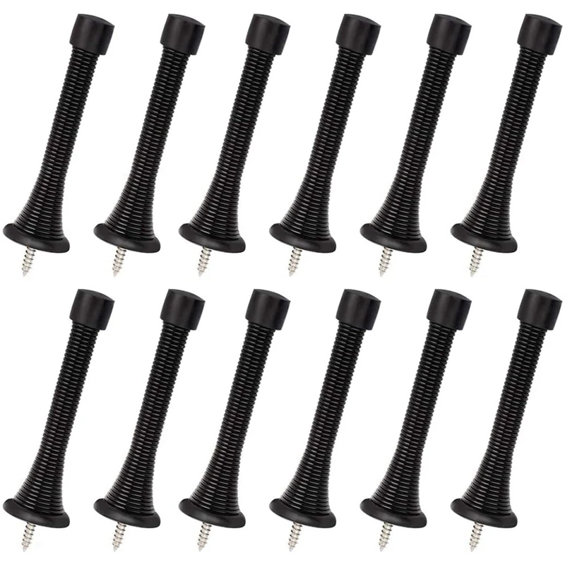 12 Pack Flexible Spring Door Stopper Door Stop Wall Protector With Low Mounted Black Rubber Bumper Tips