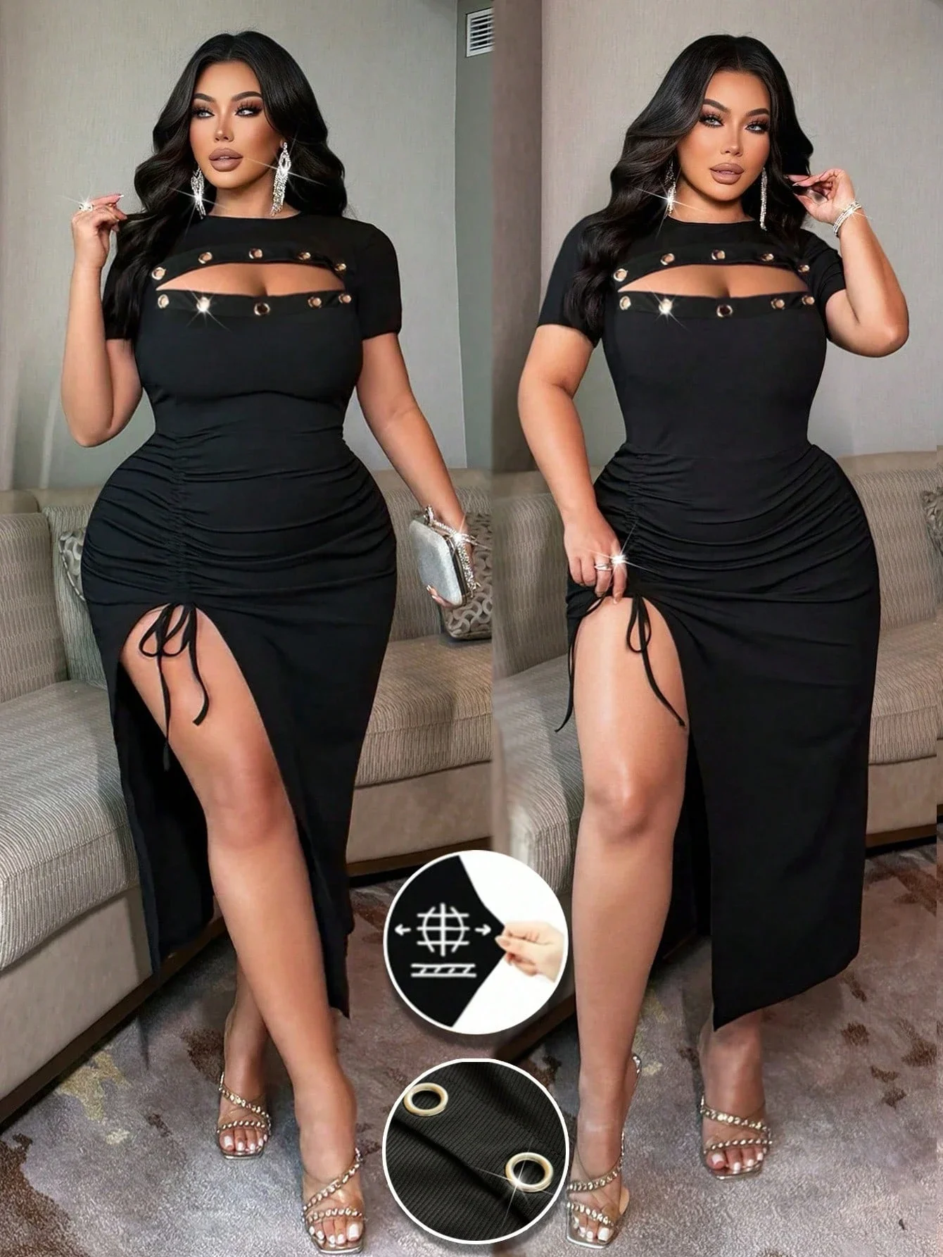

Plus Size Women Sexy Ribbed Knit Dress Hollow Out Front Metal Eyelet High Slit Drawstring Bodycon Midi Dress