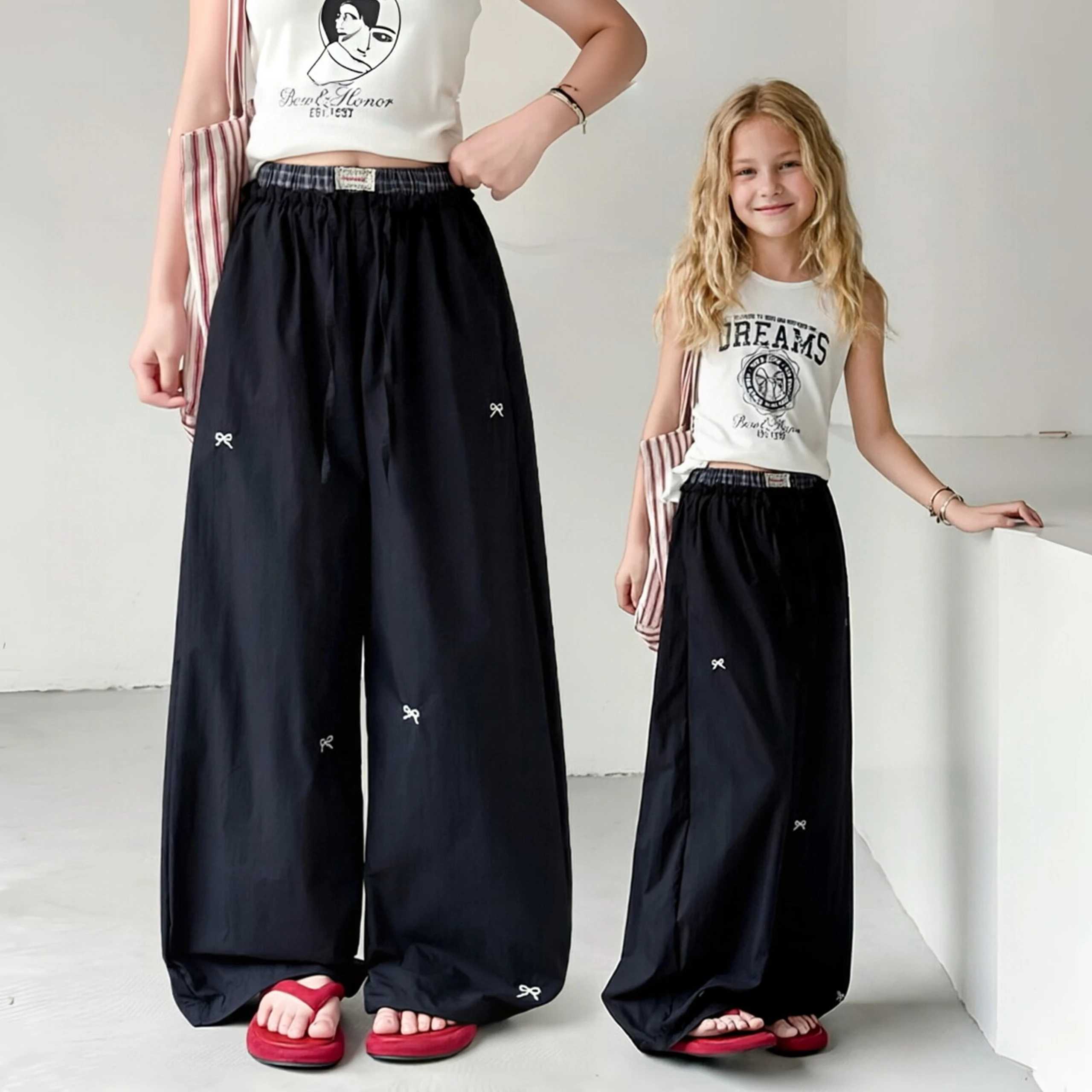 Girls summer  butterfly wide-leg pants, light and breathable  ice silk pants, 2026 new casual straight pants suitable for 5-15