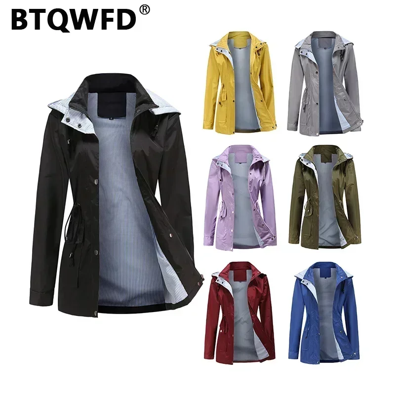 

BTQWFD Winter Trench Jackets Detachable Hat Women's Coats Female Clothing Ladies Raincoats Long Sleeve 2024 Solid with Pocket