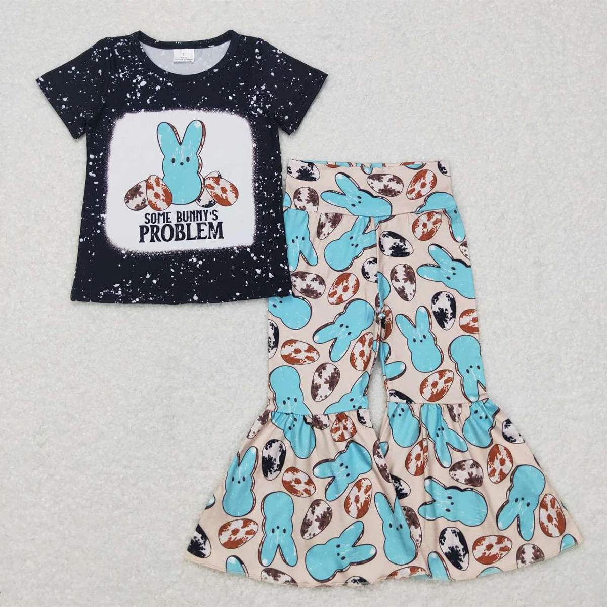 

Wholesale Easter Children Short Sleeves Set Rabbit T-shirt Baby Girl Bunny Eggs Bell Bottom Pants Clothing Toddler Kids Outfit