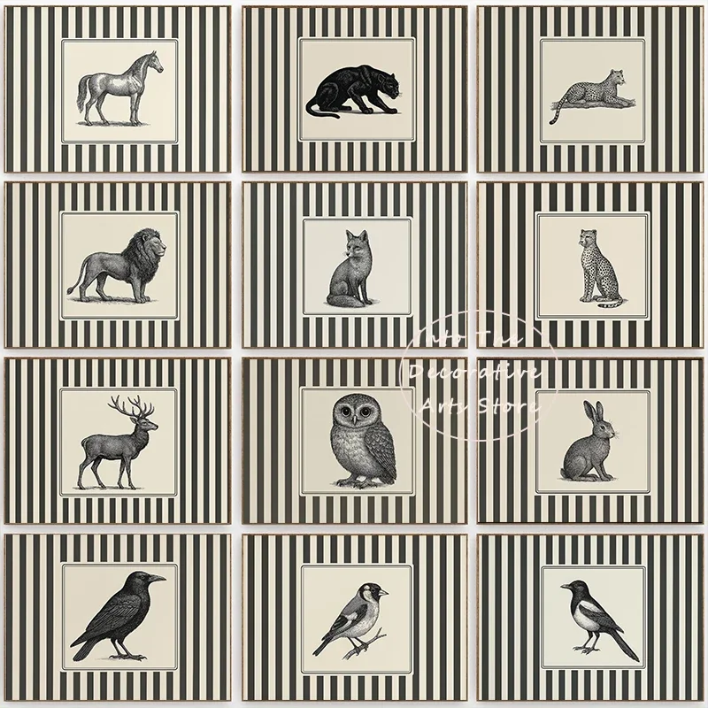 Black and White Striped Line Animal Tiger Lion Rabbit Pattern Posters Child Prints Canvas Paintings Wall Art Pictures Home Decor