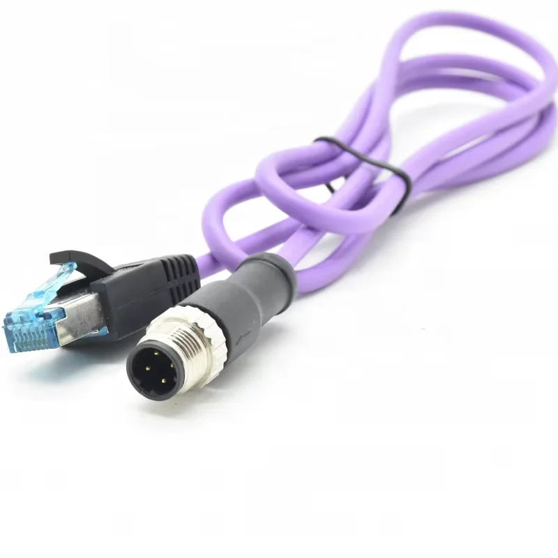 M12 D Code 4-Pin Male to RJ45 Male Ethernet Profinet DIN IP67 Waterproof Cable with Brass Gold Plating and Solder Termination