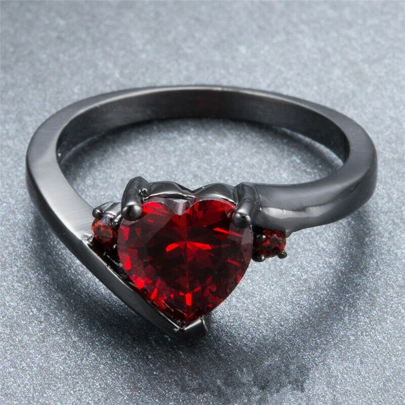 Heart Shaped Garnet with Zircon Black Gold Plated Women Ring Size 6-10
