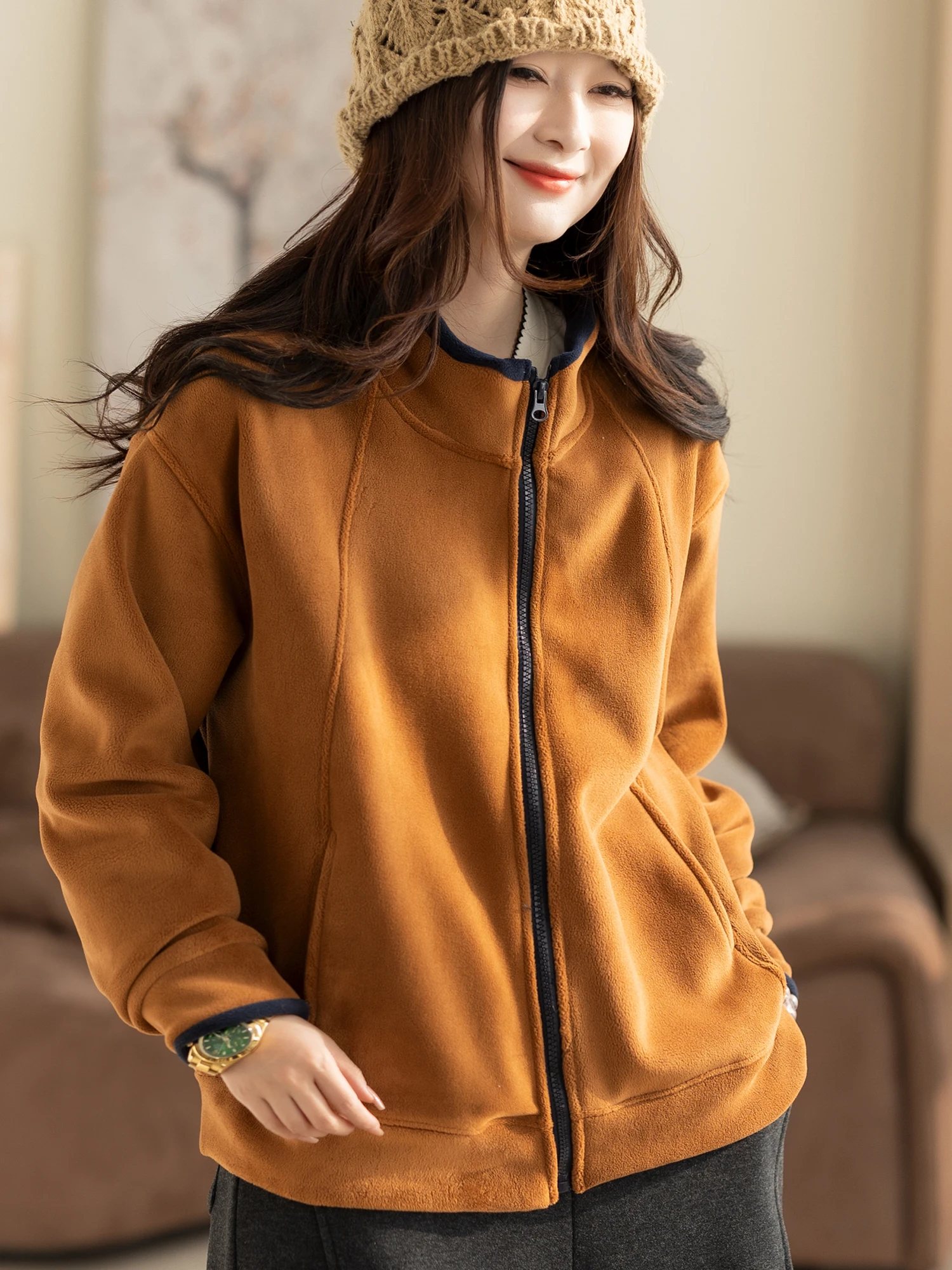 

Женская ретро-куртка Kyu с двусторонней флисовой подкладкой, утепленная, однотонная, повседневная, осенне-зимняя, новая, свободного кроя, с длинными рукавами