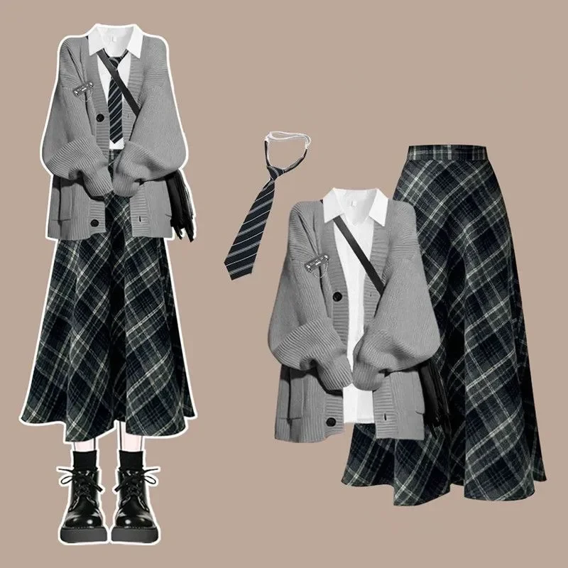 

Women's Autumn Winter Preppy Style Loose Sweater Cardigan Shirts Tie Plaid Skirts Suits Lady Korean Knit Coats Tops Skirt Sets