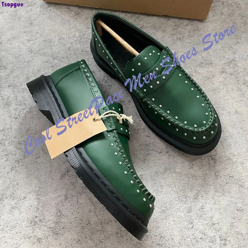 Men Dark Green Leather Penny Loafers Round Toe Metal Stud Rivet Decor Slip On Platform Thickness Gothic Punk Casual Dress Shoes