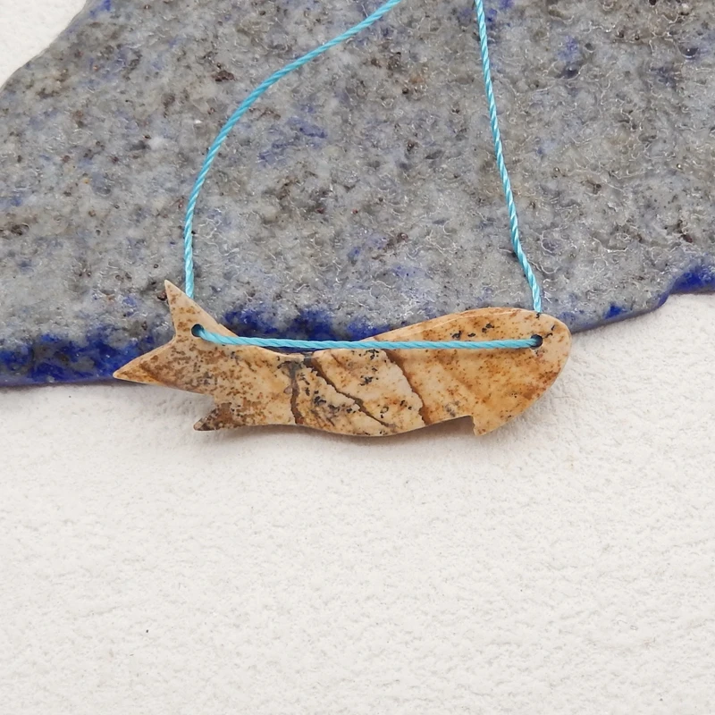 Carved Animal Pendant Natural Stone Picture Jasper Fashion Cute Fish Pendant DIY Jewelry Making 36x10x4mm 2g