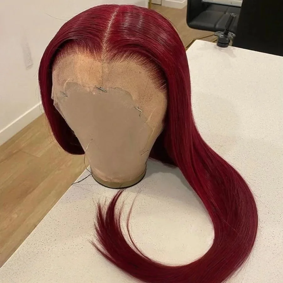 

Бордовый, красный, прямой парик спереди, бесклеевой, 13x4HD, синтетический кружевной фронтальный парик, предварительно сорванный, термостойкий, для косплея, perruque