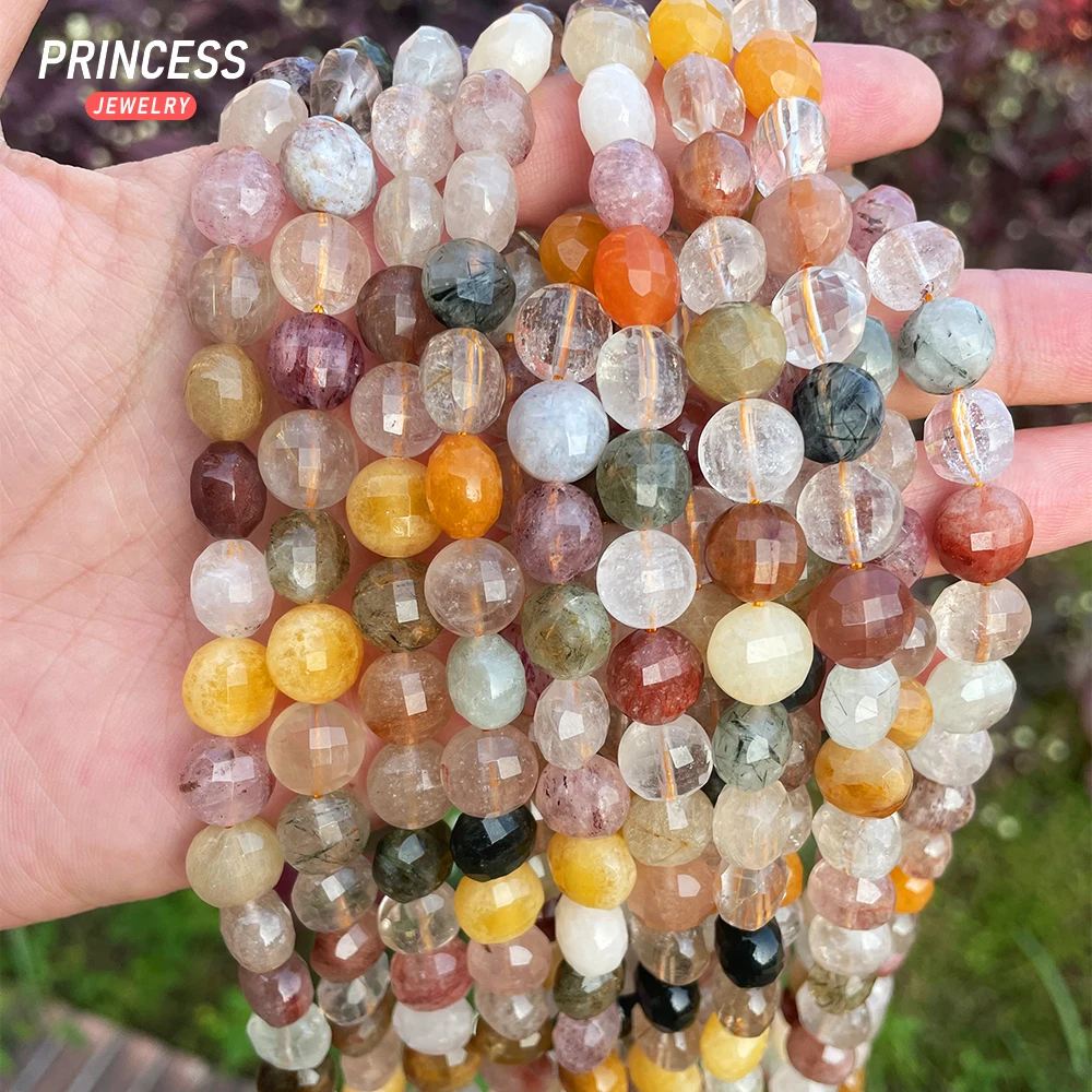 

Clearance 10mm Natural Colorful Rutilated Quartz Checkerboard Beads for Jewelry Making DIY Supplies