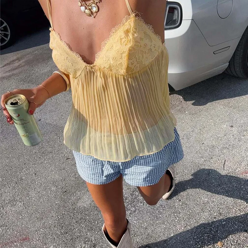 

Сексуальный модный шелковый плиссированный кружевной топ с запахом на груди и небольшим ремешком через плечо, ультратонкий вязаный топ для женщин, лето 202, Китайское происхождение