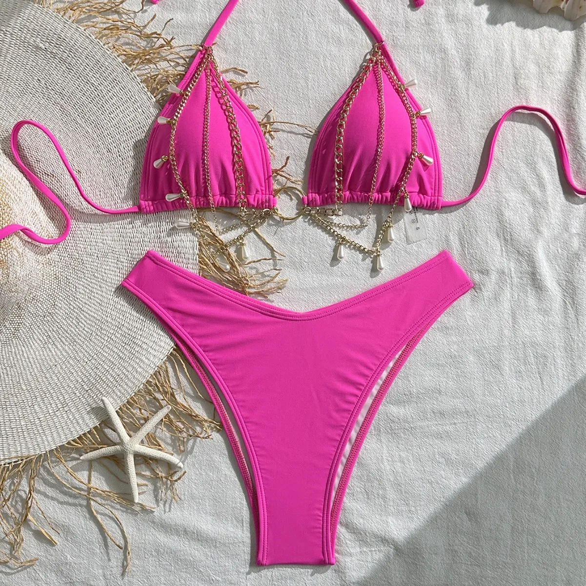 Damen Hot Pink Bikini-Set mit Perlen-Quastenkette, Neckholder-Triangel-Badeanzug, High-Cut-Badeanzug, Strandmode