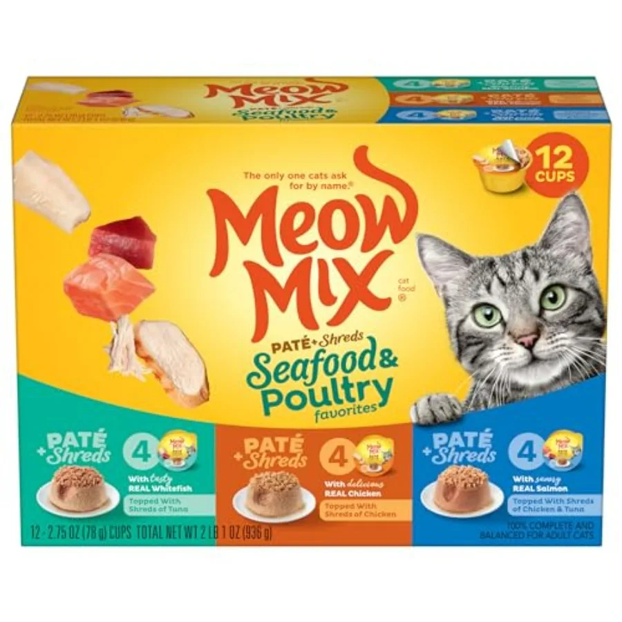

Paté and Shreds Wet Cat Food Variety Pack, Seafood and Poultry Favorites, 2.75 Ounce Cup Pack of 12