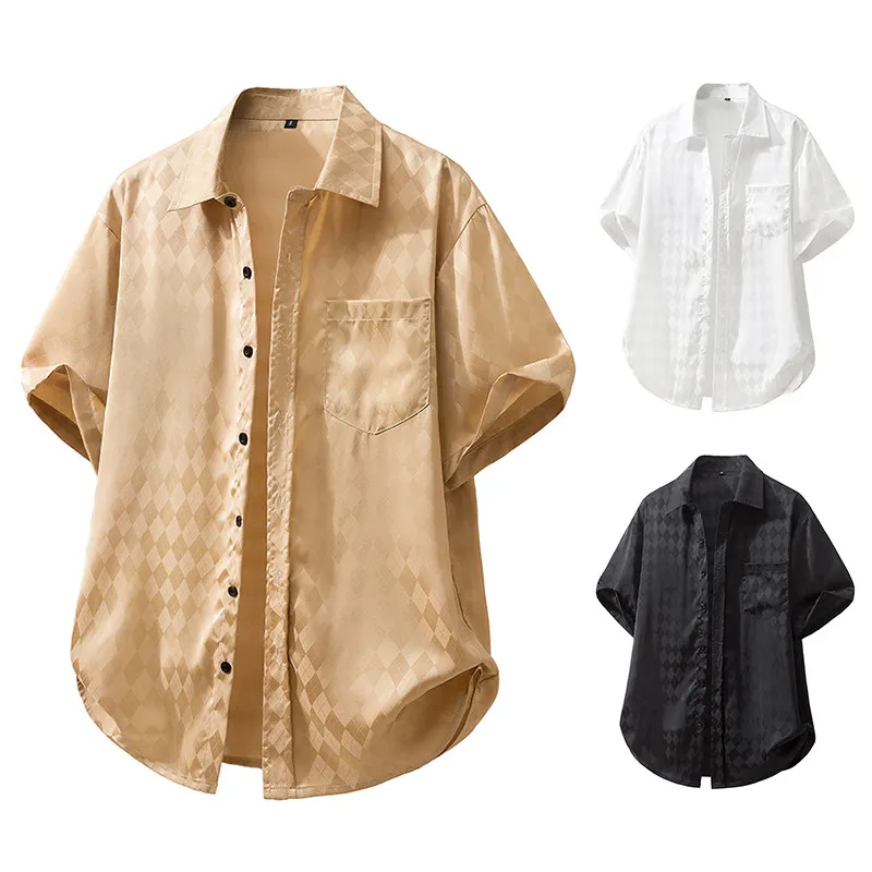 

Korean Style Men's Beach Short Sleeve Shirt Satin Print Diamond Pattern Functional Deconstruction Casual Summer Fashion