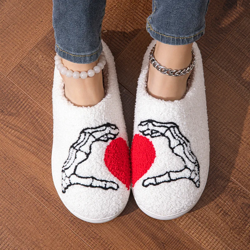 Couples Home Slippers Skull Hand Love Heart Valentine's Day Gift Winter Warmy Cotton Shoes Non Slip Fluffy Comfy Shoes Gift