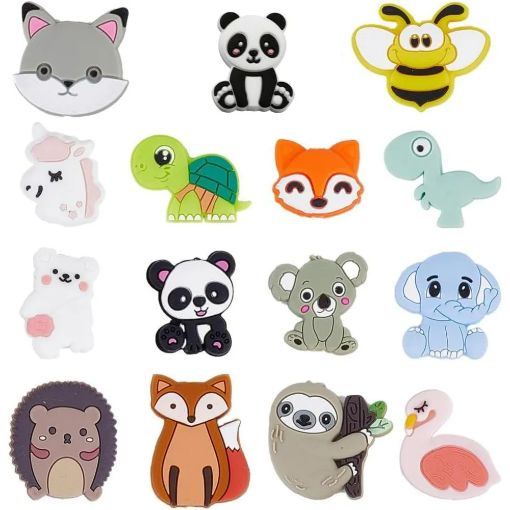 15Pcs Silicone Beads Cute Animal Silicone Focal Beads Bulk Large Bead Unicorn Honey Bee Fox Panda Supplies making kit