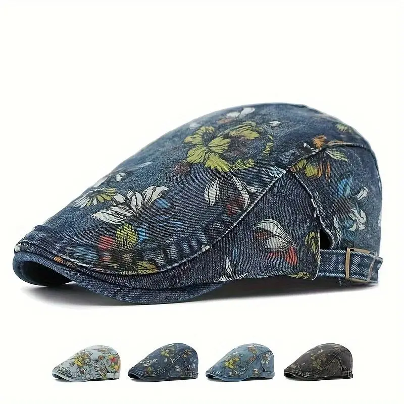 Ethnic Style Hat for Women Korean Style Fashion Washed Denim Beret British Retro Flower Peaked Cap Forward Hat for Men