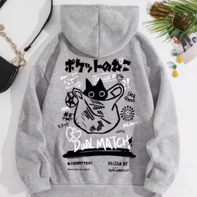 Cute Cat Cartoon Printed Sweatshirt Women Harajuku Casual Loose Hooded Fashion Soft Pocket Hoodies Autumn Warm Female Clothes